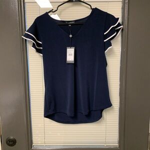 🫶🏼 NWT Adrianna papell Navy Blue Ruffle Sleeve Women's Top size medium blouse